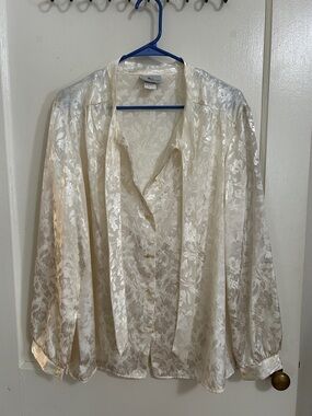 Vintage Satin Floral Tie-Neck Blouse in Cream